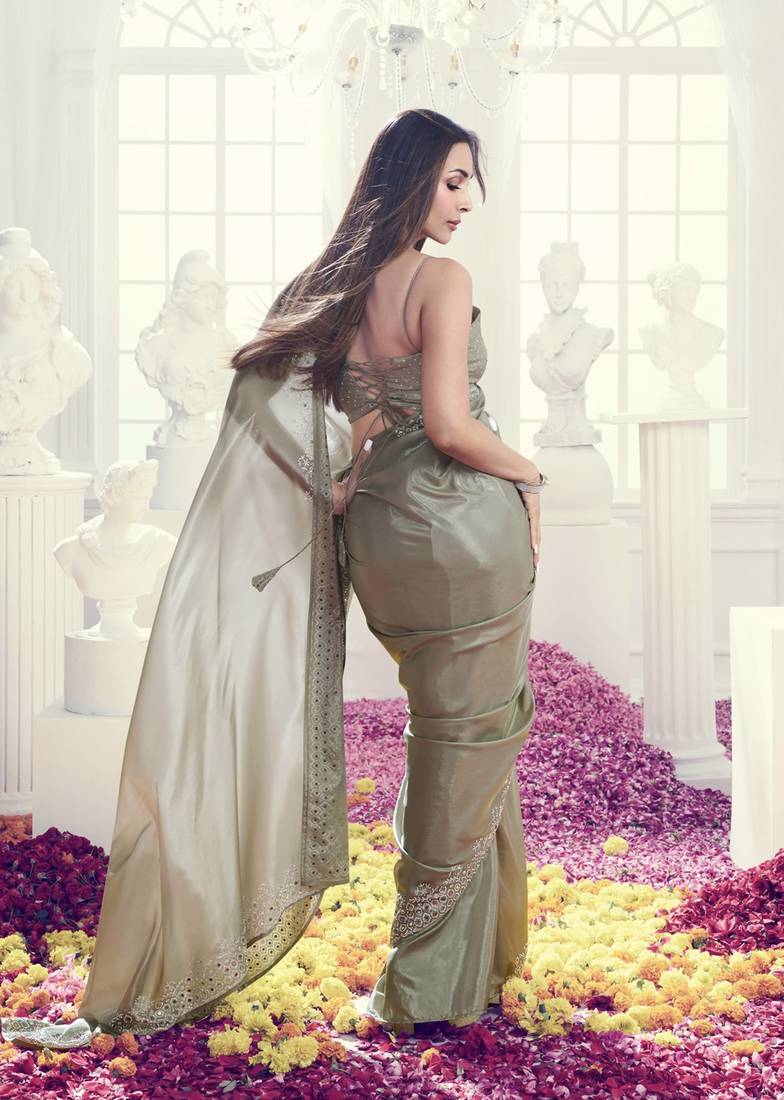 Art Silk swarovski Mirror Work Saree with Unstitch Blouse Piece