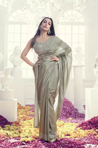 Art Silk swarovski Mirror Work Saree with Unstitch Blouse Piece