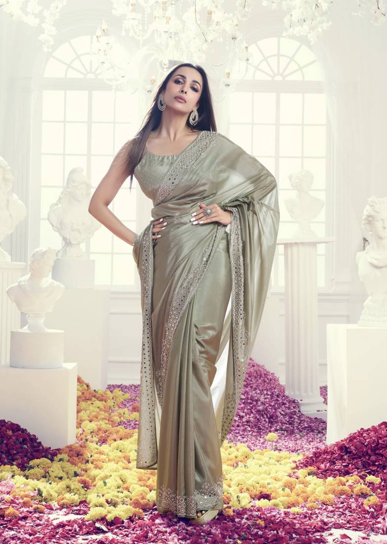 Art Silk swarovski Mirror Work Saree with Unstitch Blouse Piece