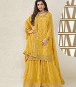 Yellow viscose jacquard semi stitched wedding suits