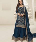 Peacock blue viscose jacquard semi stitched wedding suits