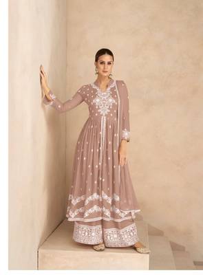 Light Brown pure rayon chikankari work full stitched palazzo suits with dupatta 1