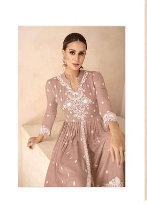 Light Brown pure rayon chikankari work full stitched palazzo suits with dupatta 2