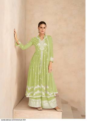Light green pure rayon chikankari work full stitched palazzo suits with dupatta 1