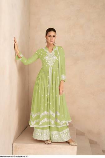 Light green pure rayon chikankari work full stitched palazzo suits with dupatta