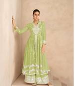 Light green pure rayon chikankari work full stitched palazzo suits with dupatta