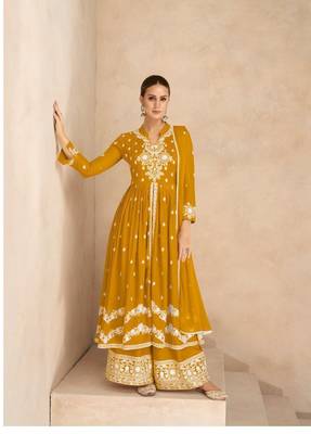 Yellow pure rayon chikankari work full stitched palazzo suits with dupatta 1