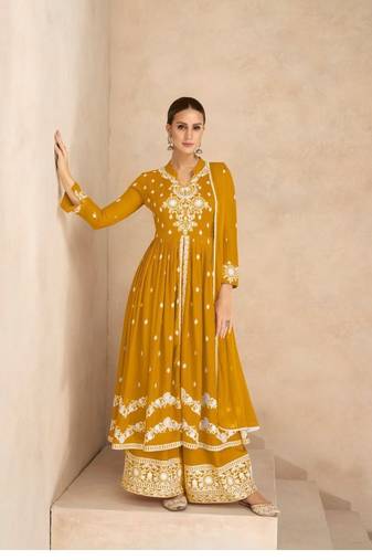 Yellow pure rayon chikankari work full stitched palazzo suits with dupatta