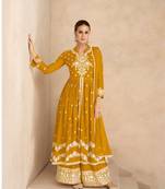 Yellow pure rayon chikankari work full stitched palazzo suits with dupatta