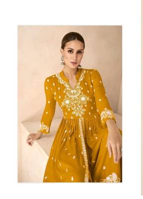 Yellow pure rayon chikankari work full stitched palazzo suits with dupatta 2