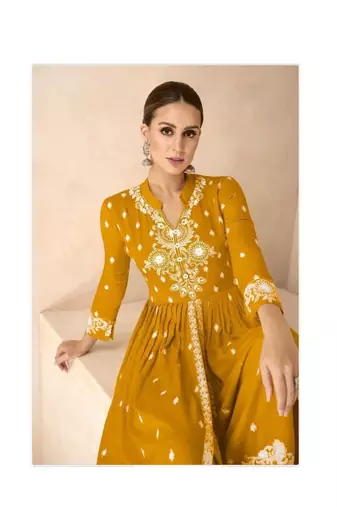 Yellow pure rayon chikankari work full stitched palazzo suits with dupatta