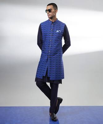 Navy ikat layered sleeveless sherwani jacket 1