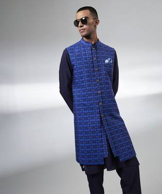 Navy ikat layered sleeveless sherwani jacket 2