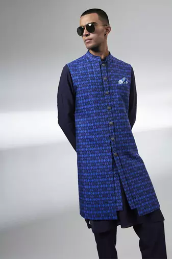 Navy ikat layered sleeveless sherwani jacket