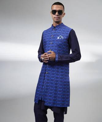 Navy ikat layered sleeveless sherwani jacket 4