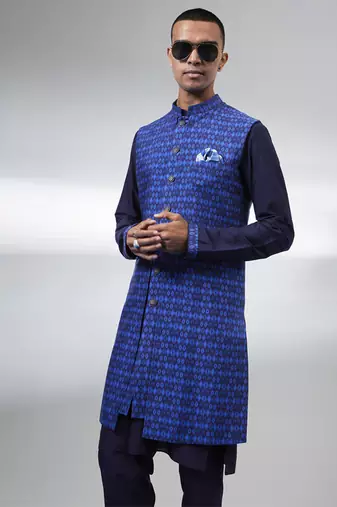 Navy ikat layered sleeveless sherwani jacket