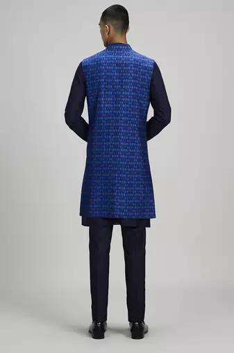 Navy ikat layered sleeveless sherwani jacket