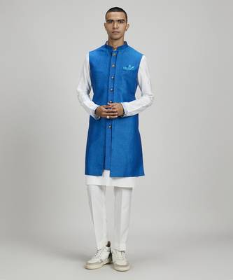 Azure dash jacquard layered sleeveless sherwani jacket 1