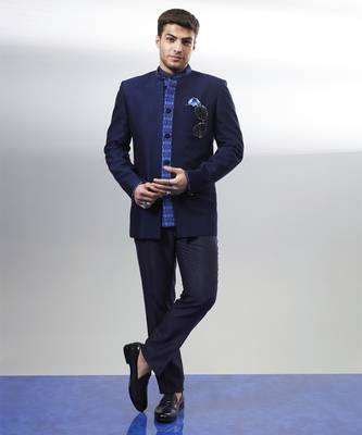 Navy jacquard & ikat printed layered bandhgala jacket 1