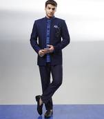 Navy jacquard & ikat printed layered bandhgala jacket