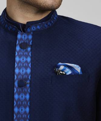 Navy jacquard & ikat printed layered bandhgala jacket 2