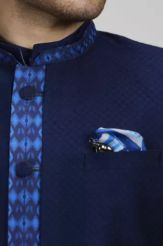 Navy jacquard & ikat printed layered bandhgala jacket