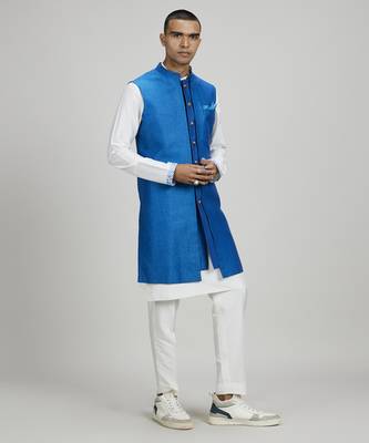 Azure dash jacquard layered sleeveless sherwani jacket 3