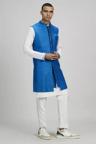 Azure dash jacquard layered sleeveless sherwani jacket