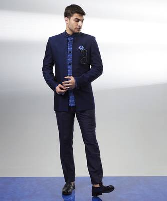 Navy jacquard & ikat printed layered bandhgala jacket 3