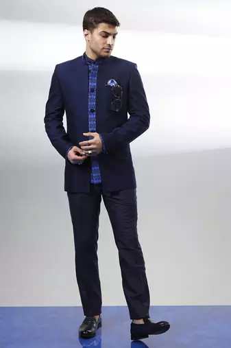 Navy jacquard & ikat printed layered bandhgala jacket