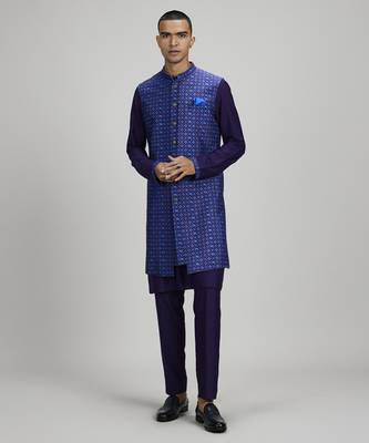 Indigo patola layered sleeveless sherwani jacket 1