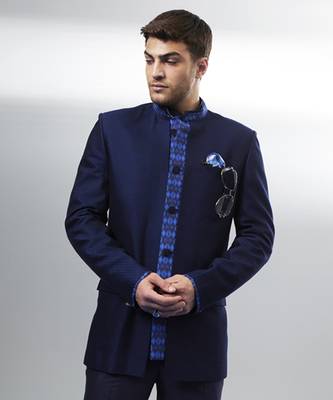 Navy jacquard & ikat printed layered bandhgala jacket 4