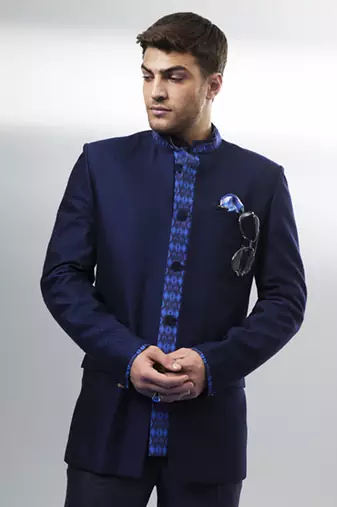 Navy jacquard & ikat printed layered bandhgala jacket