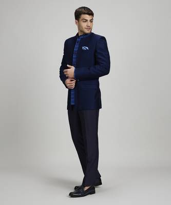 Navy jacquard & ikat printed layered bandhgala jacket 5