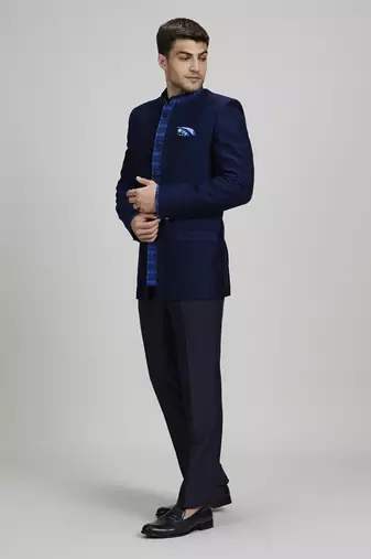 Navy jacquard & ikat printed layered bandhgala jacket