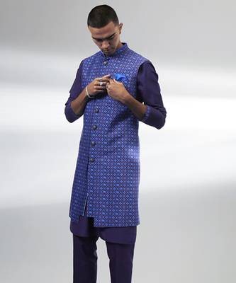 Indigo patola layered sleeveless sherwani jacket 3