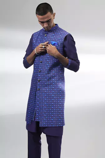 Indigo patola layered sleeveless sherwani jacket