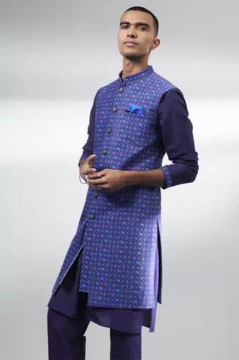 Indigo patola layered sleeveless sherwani jacket