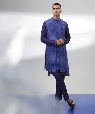 Indigo patola layered sleeveless sherwani jacket 5