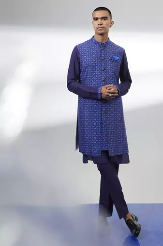 Indigo patola layered sleeveless sherwani jacket