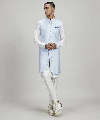 Powder blue jacquard layered sleeveless sherwani jacket 1