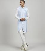 Powder blue jacquard layered sleeveless sherwani jacket