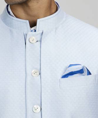 Powder blue jacquard layered sleeveless sherwani jacket 2