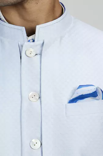 Powder blue jacquard layered sleeveless sherwani jacket