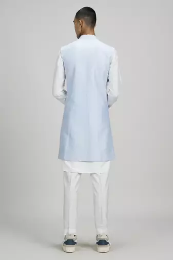 Powder blue jacquard layered sleeveless sherwani jacket