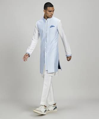 Powder blue jacquard layered sleeveless sherwani jacket 4