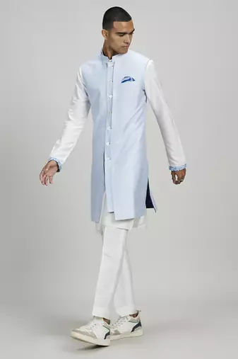 Powder blue jacquard layered sleeveless sherwani jacket