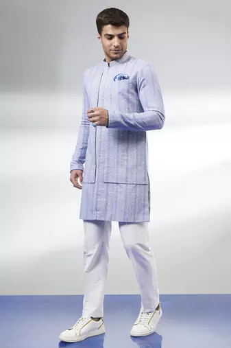 Cobalt foliage embroidered layered kurta set