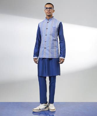 Ash blue striped linen bandhi jacket 1