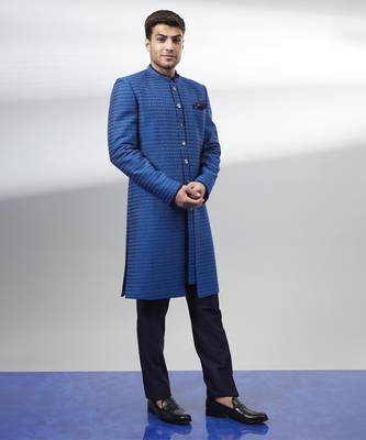 Cobalt blue gridiron embroidered layered sherwani jacket 1